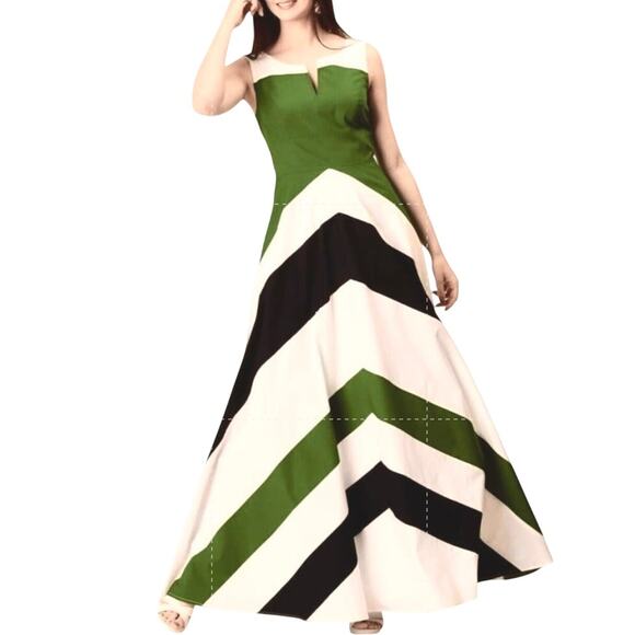 EUC eShakti Green Navy Chevron Stripe Full Skirt Sleeveless Summer Maxi  Medium - Picture 1 of 12